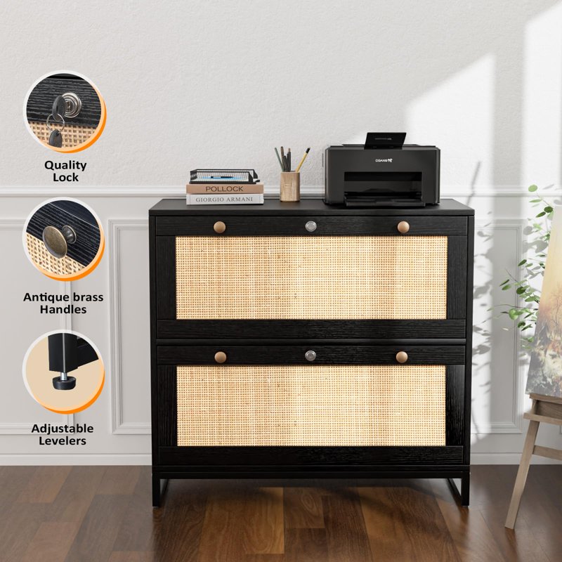 Lateral File Cabinet with Lock - 2 Drawer Wood Storage for Home Office, Black