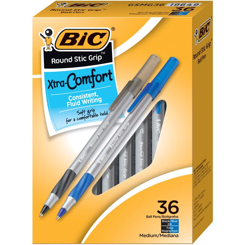 Ballpoint Pen Set with Rubber Grip - Medium 1.2mm Ink, Assorted Colors, 36 Pack