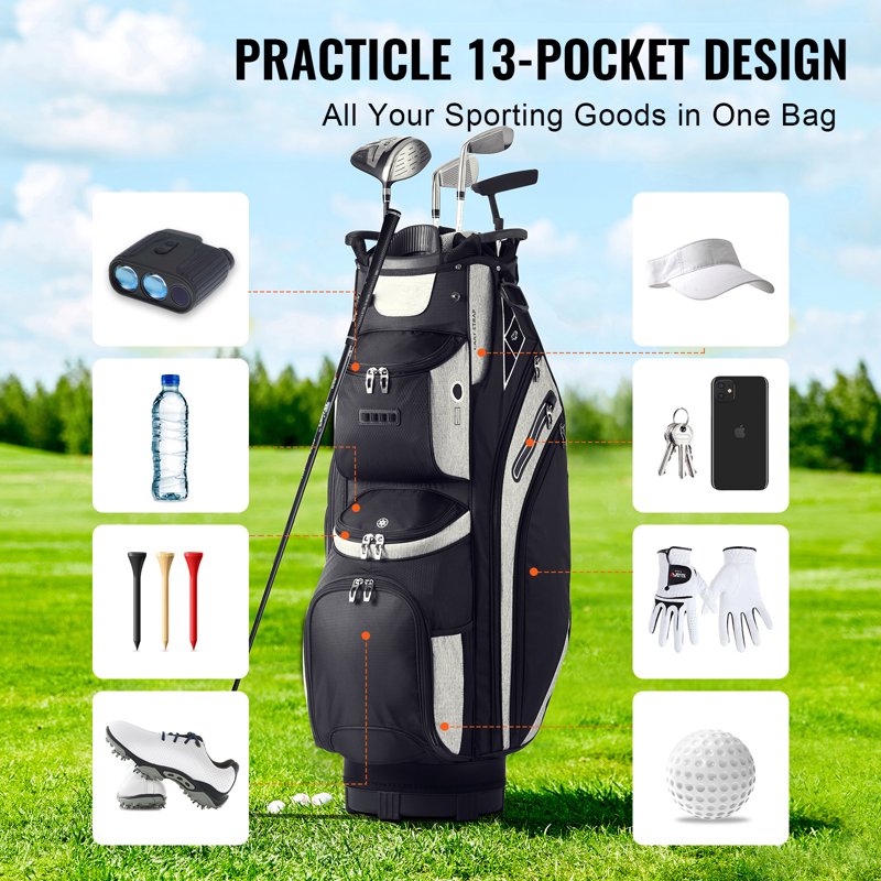 KFFKFF Golf Bag for Carts 14-Way Top Divider, 36" 13 Pockets, Dust Cover, Removable Straps, Black/Gray