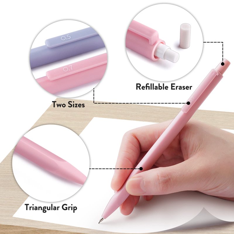 Pastel Mechanical Pencils Set with Lead & Erasers - 6 or 12 Pack for Drawing & Writing