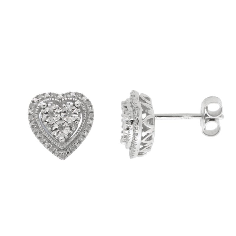 Sterling Silver Heart Earrings with 0.1 Carat Genuine Diamonds