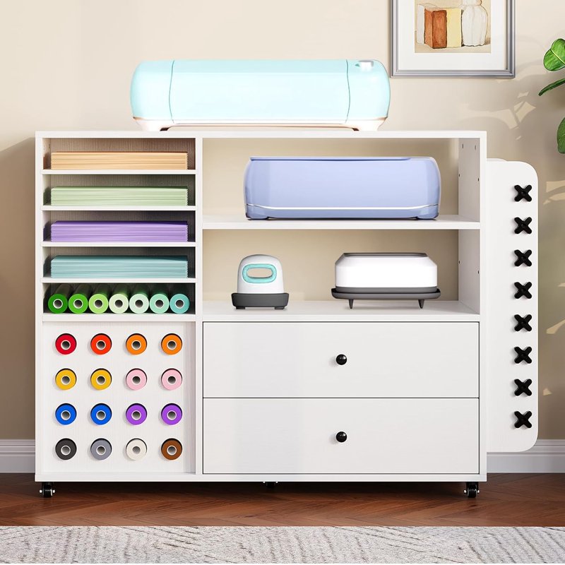 Craft Storage Cart with Vinyl Roll Holders and Large Drawers for Cricut Machines - White