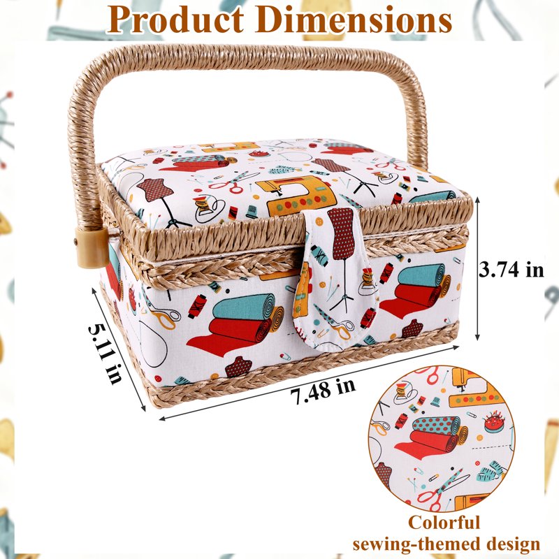 Portable Wooden Sewing Basket with Removable Tray & Accessories