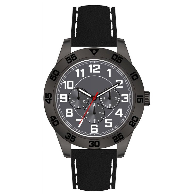 Men's Sport Watch with Gunmetal Bezel and Black Leather Strap