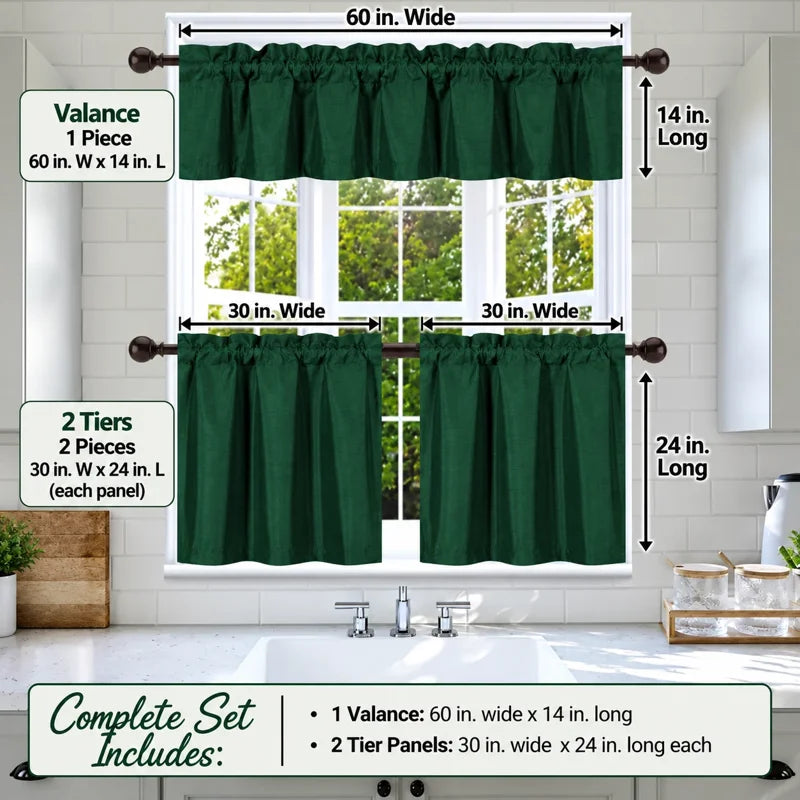 3-Piece Faux Silk Blackout Kitchen Curtain Set - Multiple Colors