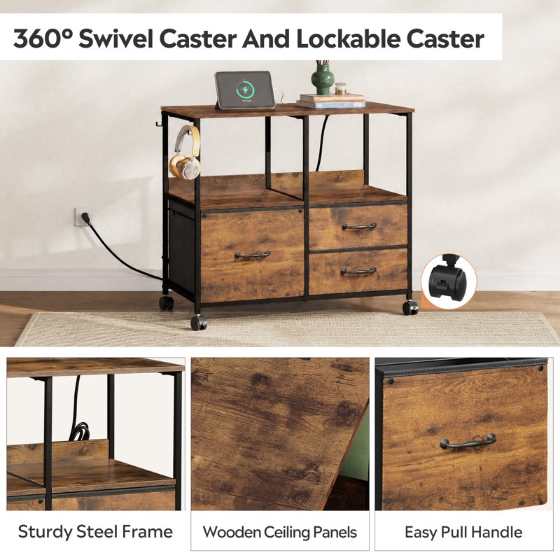 3 Drawer File Cabinet with Charging Station and Storage Shelves for Home Office