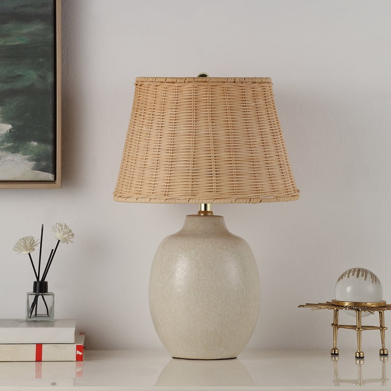 Cream Reactive Ceramic Table Lamp with Rattan Shade - 18 Inch