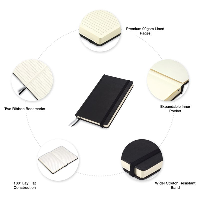 Hardcover Notebook - 5.25x8.25 Inch Professional Journal with PU Leather Cover, 120 Ruled Sheets, Black