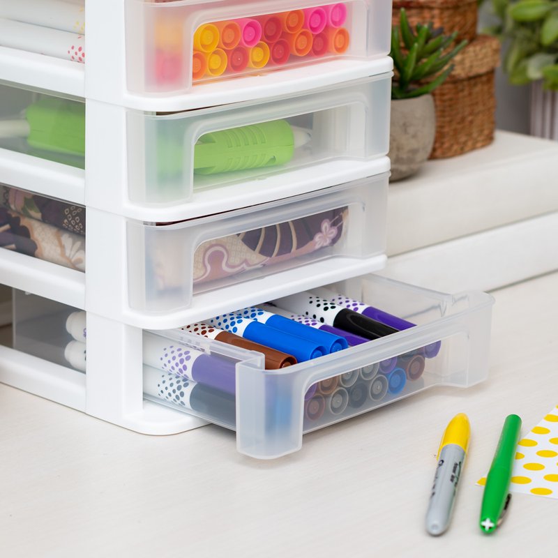 Small 4-Drawer Desktop Organizer - Compact Stacking Storage Unit, White-Clear