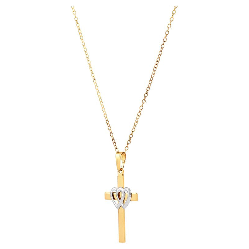Sterling Silver & 18K Gold Plated Cross Pendant with Double Hearts, 18 Inch Chain