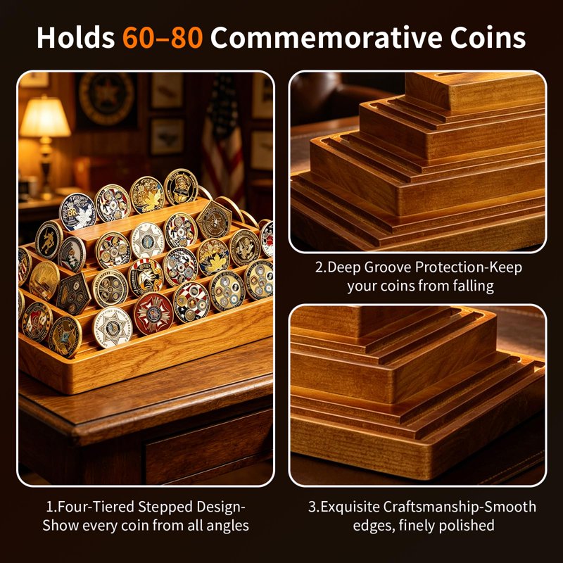 4-Tier Solid Wood Challenge Coin Display Stand - Walnut Collector's Organizer