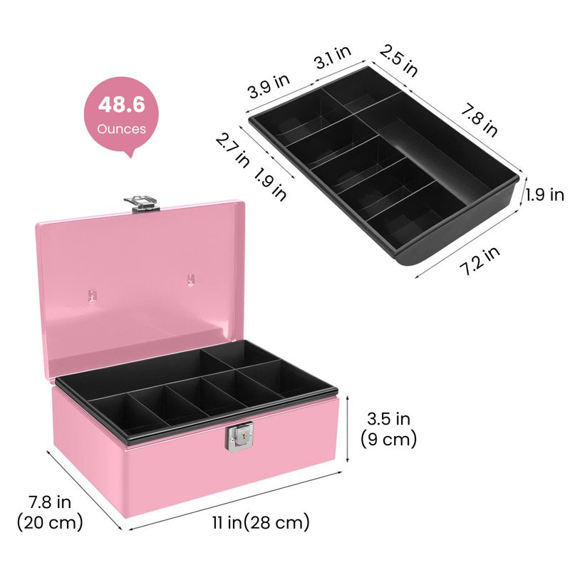 Pink Metal Cash Box with Lock & 7-Compartment Money Tray - Secure Storage for Small Businesses