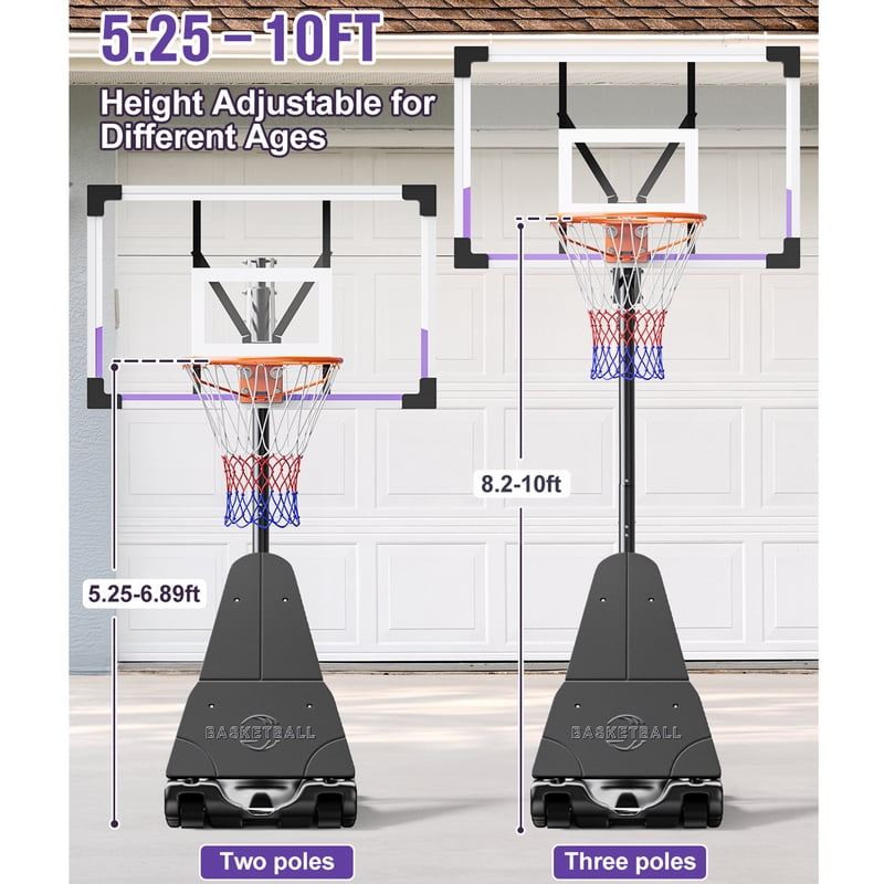 Portable Adjustable Basketball Hoop 48 Inch Backboard for Kids Teens Adults