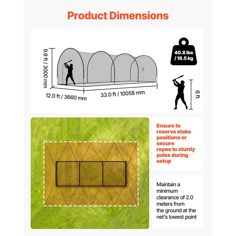 Portable Baseball Batting Cage 33x12x9.8 ft Freestanding Hitting Net with Pitching Slot