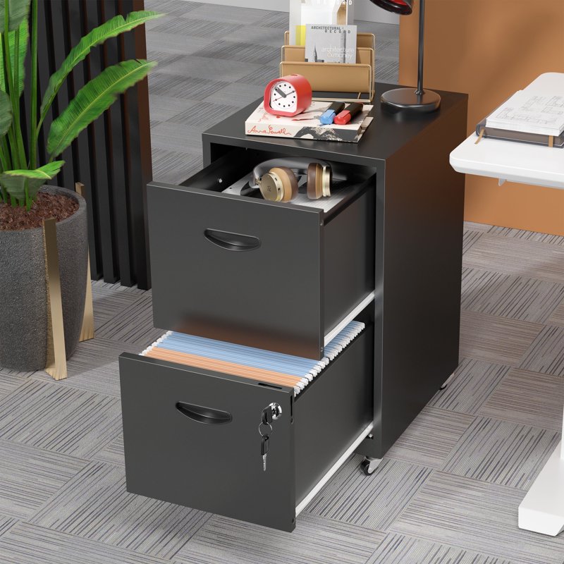 18-Inch Mobile 2-Drawer Metal File Cabinet with Lock and Casters