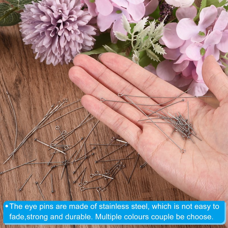 Stainless Steel Eye Pins for Jewelry Making - 200pcs, 22 Gauge, 70mm Length