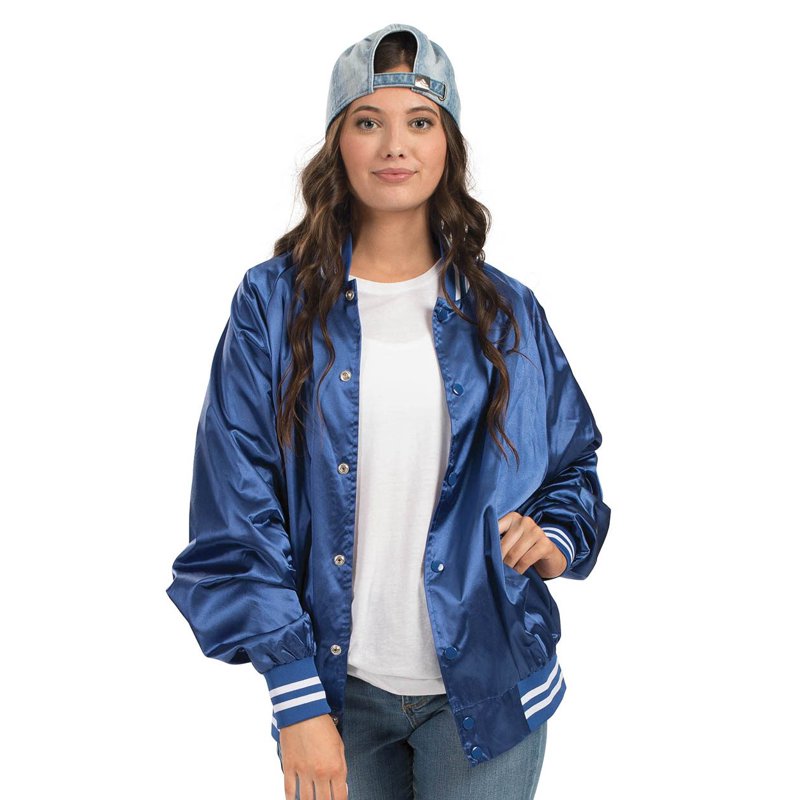Men's Satin Baseball Jacket with Striped Trim - Water-Resistant, Snap Front