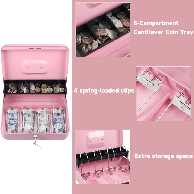 Heavy-Duty Cash Box with Lock & Money Tray - Secure Coin & Bill Storage