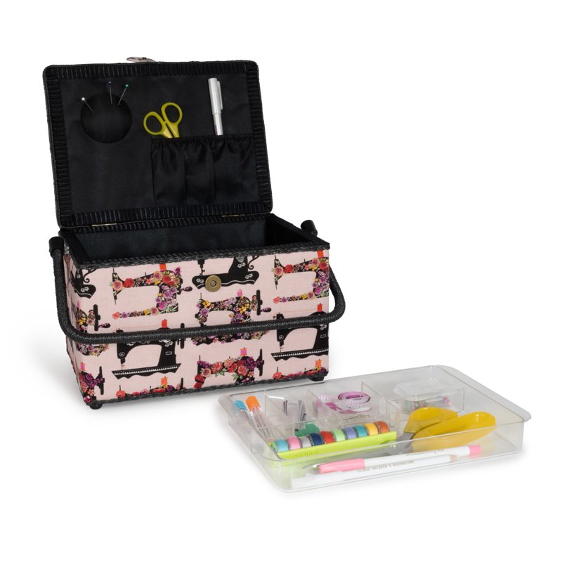 Large Pink Sewing Basket with Floral Print and Removable Tray