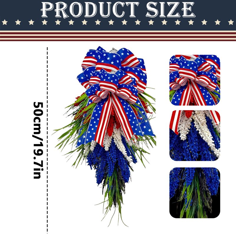 Patriotic Wreath 15.75/17.72in American Flag Door Hanger 4th July Memorial Day Decor