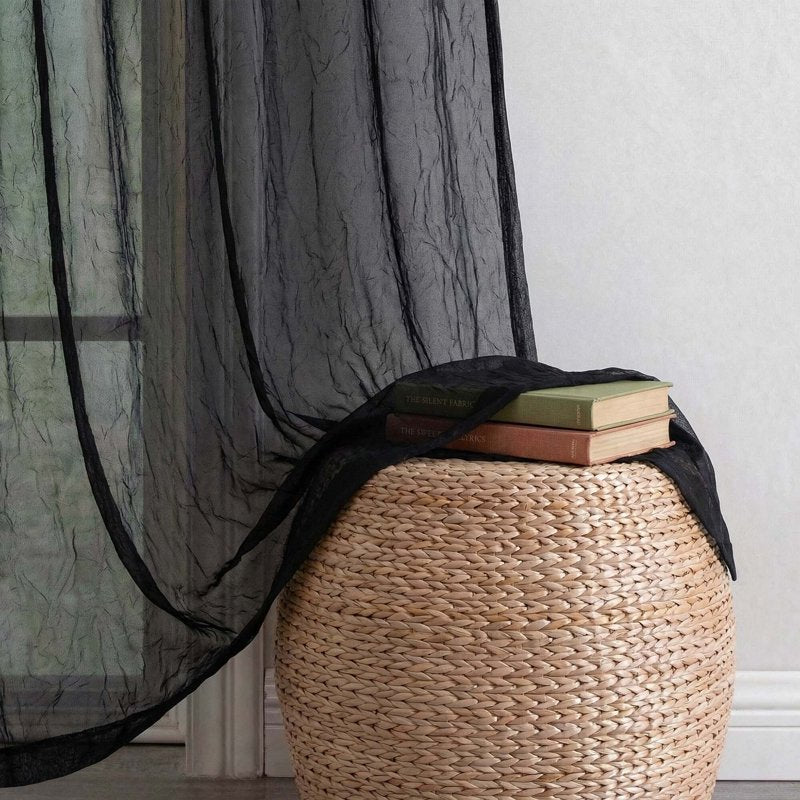 MKHILL Black Crushed Sheer Curtains 72in 2 Panels Rod Pocket Drape Set - 42x72