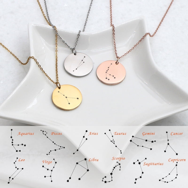 Zodiac Star Sign Pendant Necklace Stainless Steel with Gift Box