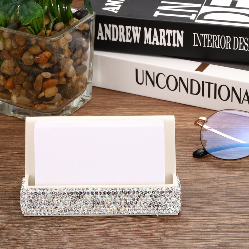 Elegant Rhinestone Business Card Holder for Desk Organizer Silver