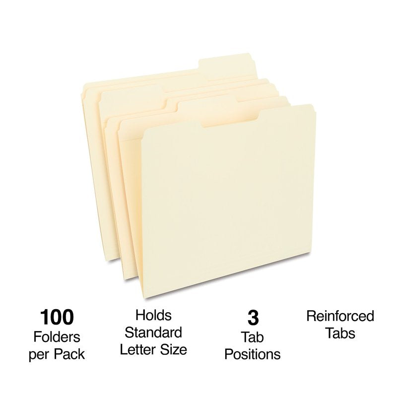 Reinforced Manila File Folders with 3 Tabs - Letter Size, 100 Pack