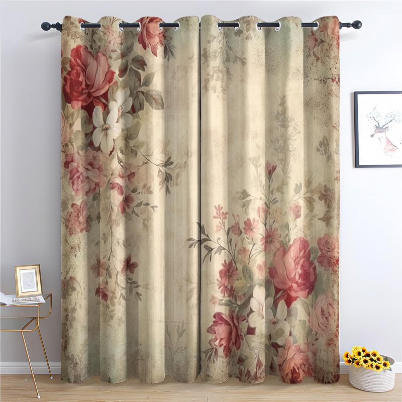Vintage Floral Blackout Curtains - Rustic Country Style Thermal Insulated Drapes for Bedroom & Living Room - Pack of 2