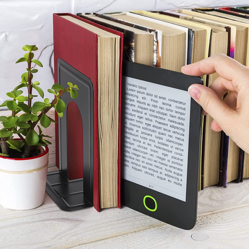 Heavy Duty Metal Book Ends 4 Pack - Black Shelving Organizer for Books & DVDs