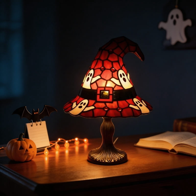 Red Halloween Witch Hat Stained Glass Lamp - Ghost Table Lamp, Warm LED Night Light