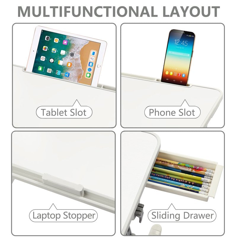 Adjustable Laptop Desk with Storage Drawer and Foldable Bed Tray - White