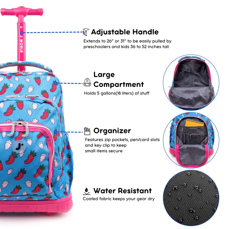 Kids Rolling Backpack with Insulated Lunch Bag - School & Travel