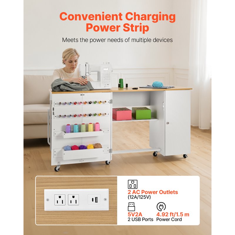 Foldable Sewing Table with Storage, Charging Ports & Wheels - Home Craft Desk