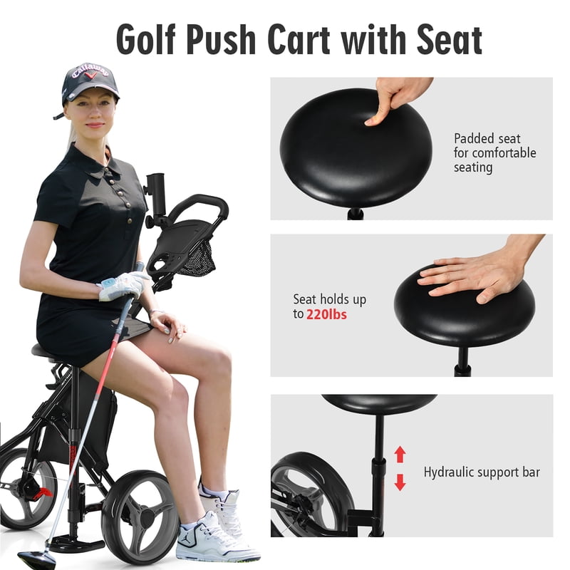 Goplus Folding 3-Wheel Golf Push Cart with Seat, Scoreboard & Adjustable Handle - Grey (Variation: Grey)
