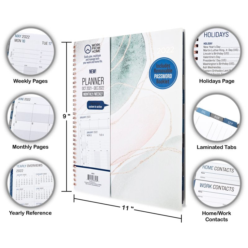 Work From Home Weekly & Monthly Planner with Tech Book, 11x9 Inch, October 2021 - December 2022