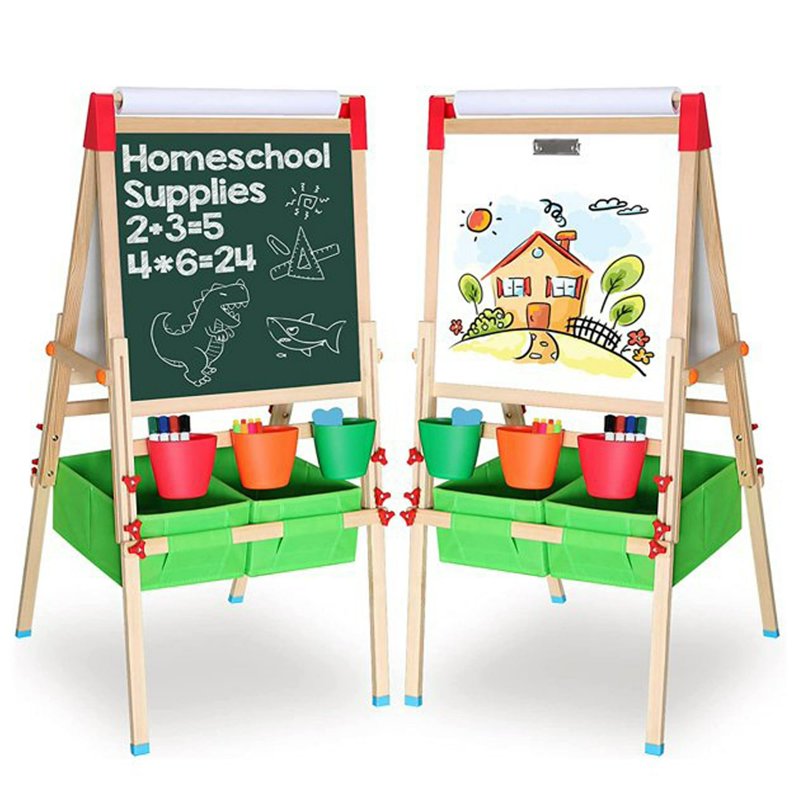 All-in-One Toddler Art Easel with Whiteboard, Chalkboard, Paper Roll & Storage Bins