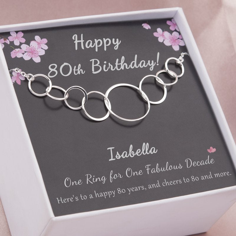 Sterling Silver 80th Birthday Necklace with 8 Flat Circles - Custom Name Gift for Grandma
