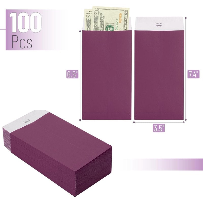 Purple Money Envelopes 100 Pack - Secure Cash & Gift Storage 6.5 x 3.5 Inches