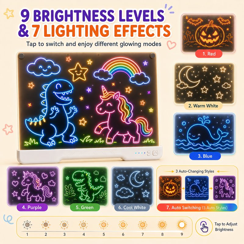 LED Drawing Board 16 Inch Light-Up Acrylic Message Board with 10 Color Modes