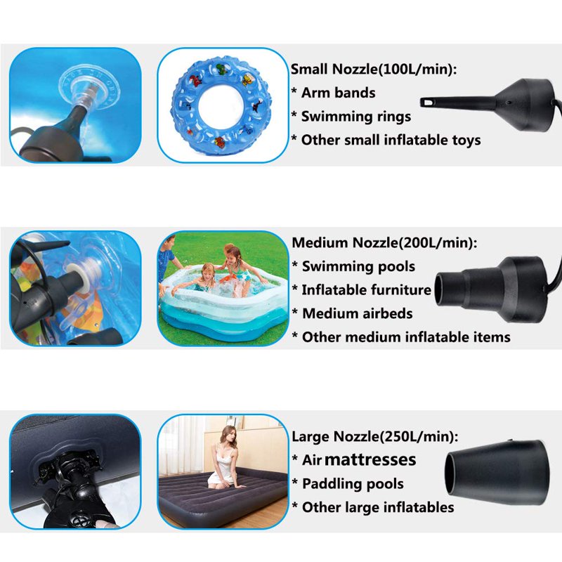 Electric Air Pump with 3 Nozzles Portable Inflator for Air Mattress, Pool Toys