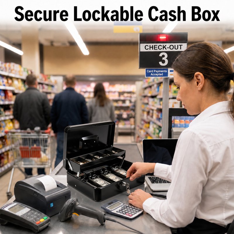 Large Metal Cash Box with Lock and Coin Tray, Portable Organizer