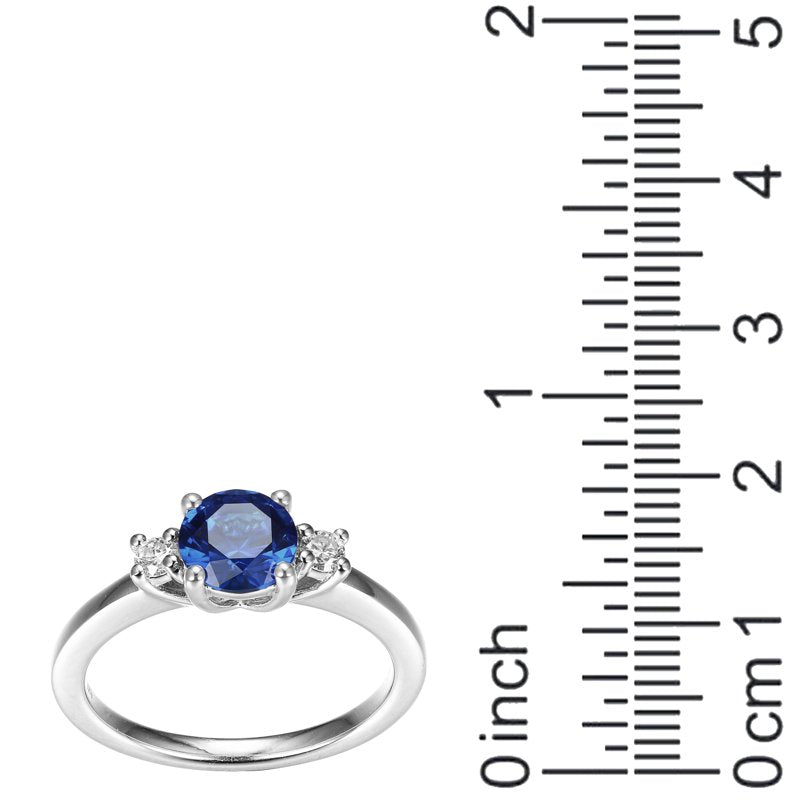 Sterling Silver Three Stone Ring with Blue Sapphire and Lab Grown Diamonds, Size 7