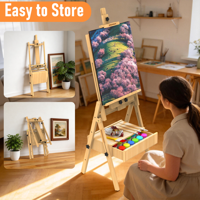 Adjustable Beech Wood Art Easel with Drawer for Painting, Holds Up to 48 Inches