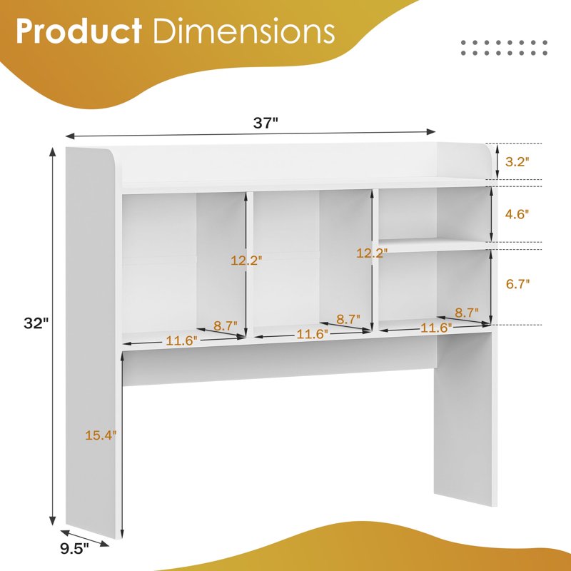 Desktop Bookshelf Storage Hutch with 4 Shelves - White Wood Frame Space Saver