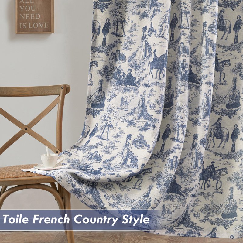 Blackout Linen Curtains with French Country Print - Thermal Insulated Drapes for Bedroom & Living Room - 2 Panels, Multiple Sizes