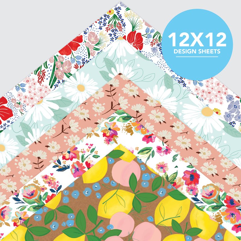 Sunny Florals Scrapbook Paper Pad 12x12 Inches 50 Sheets - Floral & Picnic Designs