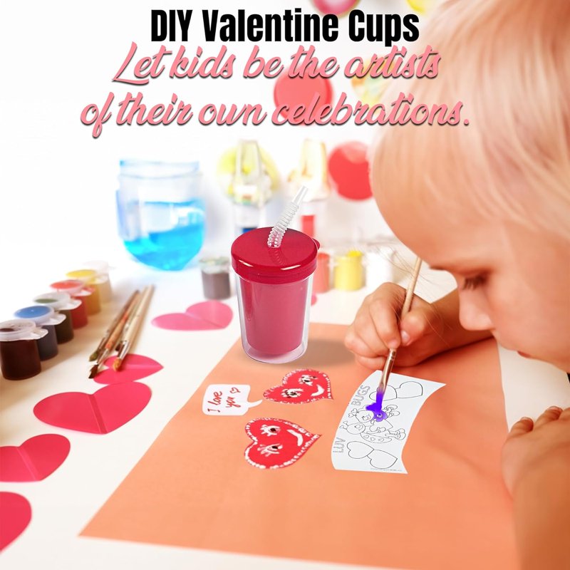 Color Your Own Valentine Cups with Lids & Straws - Kids Craft Kit, 12 Pieces