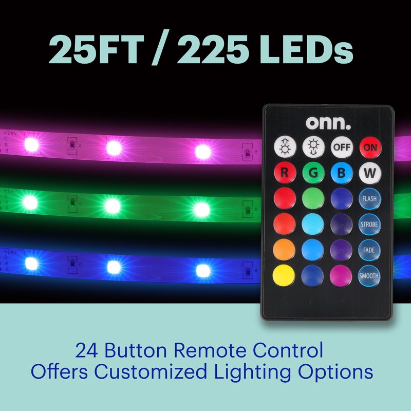 Multicolor LED Light Strip with Remote Control - 25 Feet, Customizable Lighting