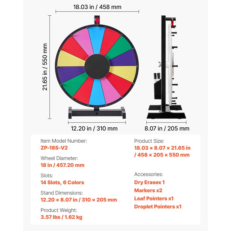 18-Inch Spinning Prize Wheel with Stand for Events & Activities - Colorful 14-Slot